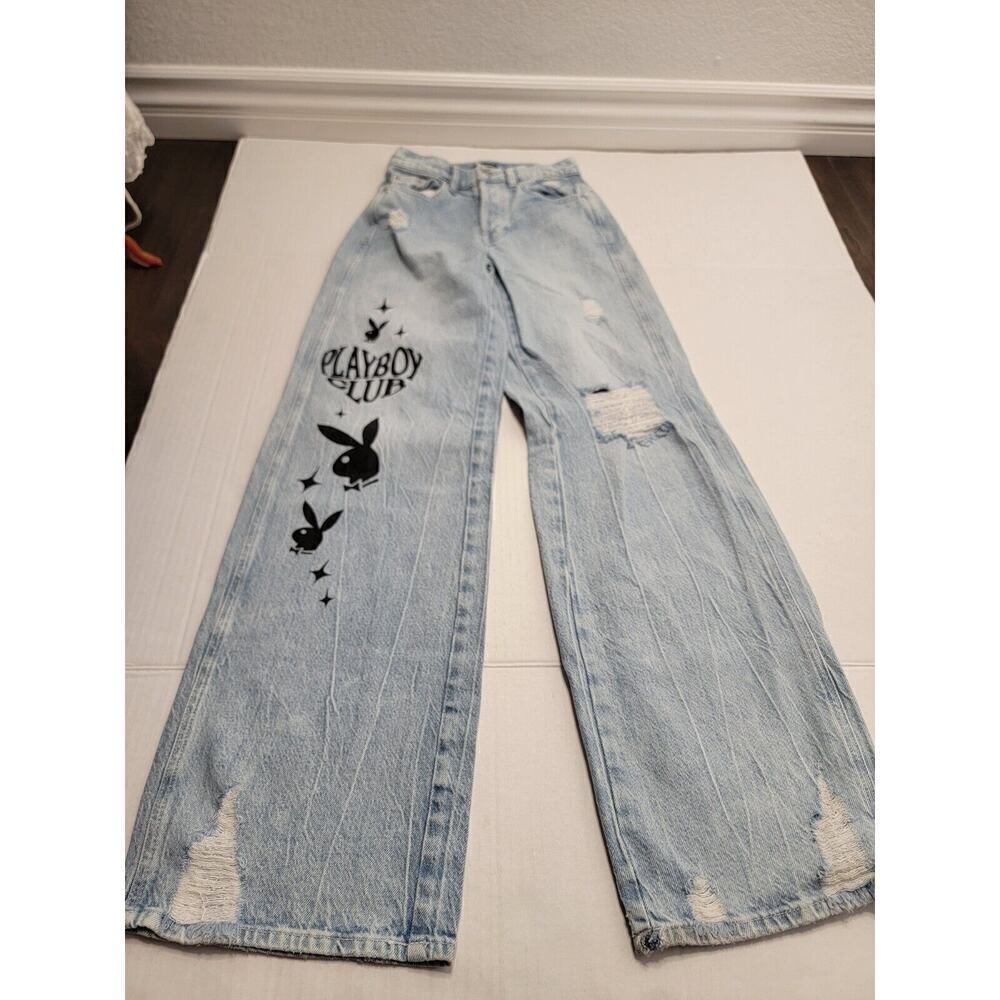 Playboy By Pacsun Baggy Blue Denim Womens 22 Relaxed High Rise Button Fly Bunny